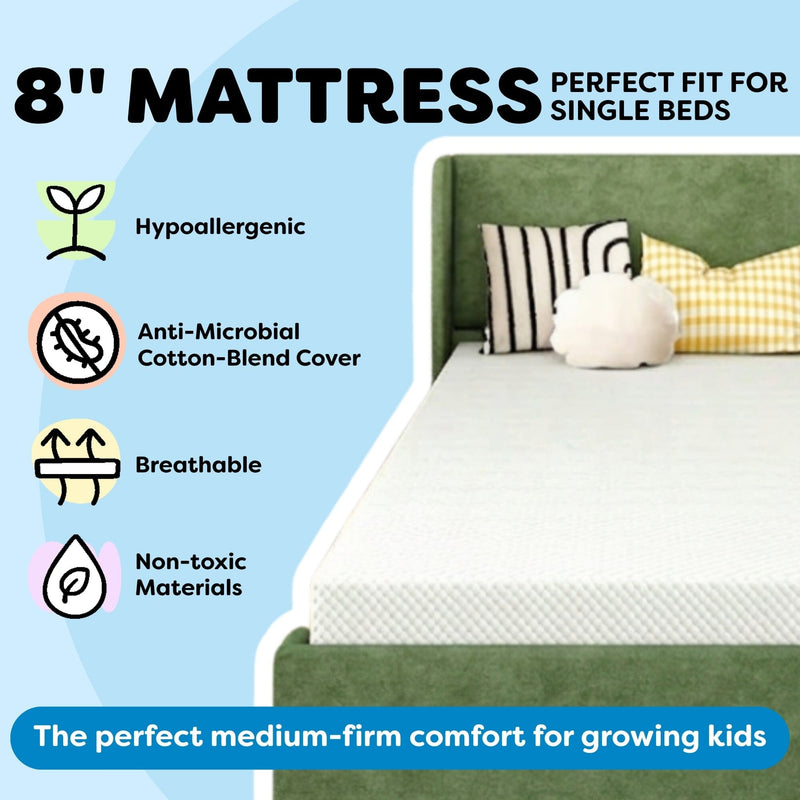 8-inch mattress for single beds on a green upholstered bed frame with striped and yellow pillows, hypoallergenic breathable medium-firm mattress featuring an anti-microbial cotton-blend cover and non-toxic materials ideal for growing kids