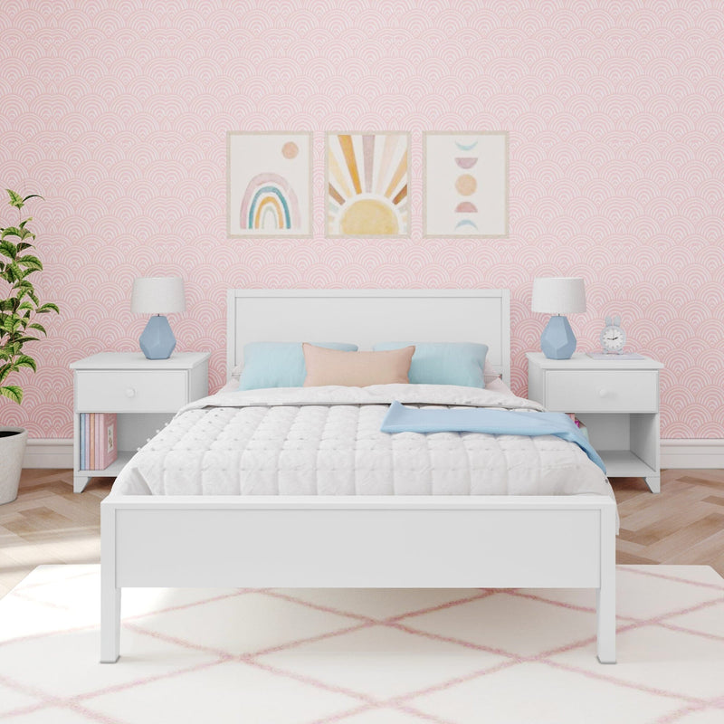 Pastel pink kids bedroom nursery with white bed, pastel rainbow and sun wall art, blue bedside lamps, white nightstands and scallop-patterned wallpaper