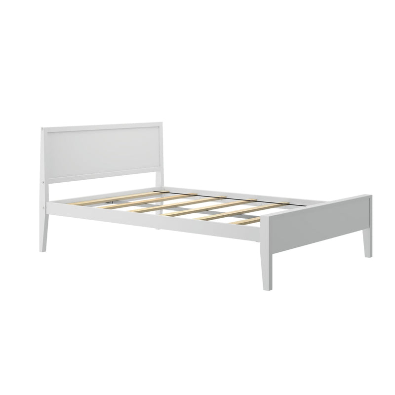 White wooden platform bed frame with headboard and slatted wood support, modern minimalist bedroom furniture