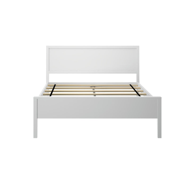 White wooden platform bed frame with slatted base and rectangular headboard, modern minimalist design, mattress not included, product photo on white background