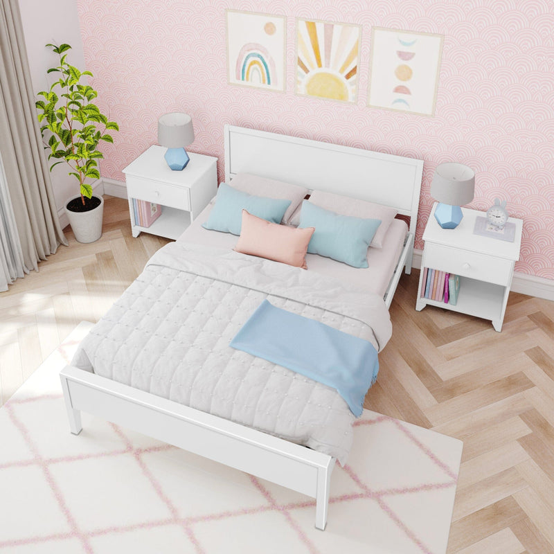 Pastel pink bedroom interior with white bed, pastel blue and pink pillows, white nightstands with blue lamps, rainbow wall art and herringbone wood floor.