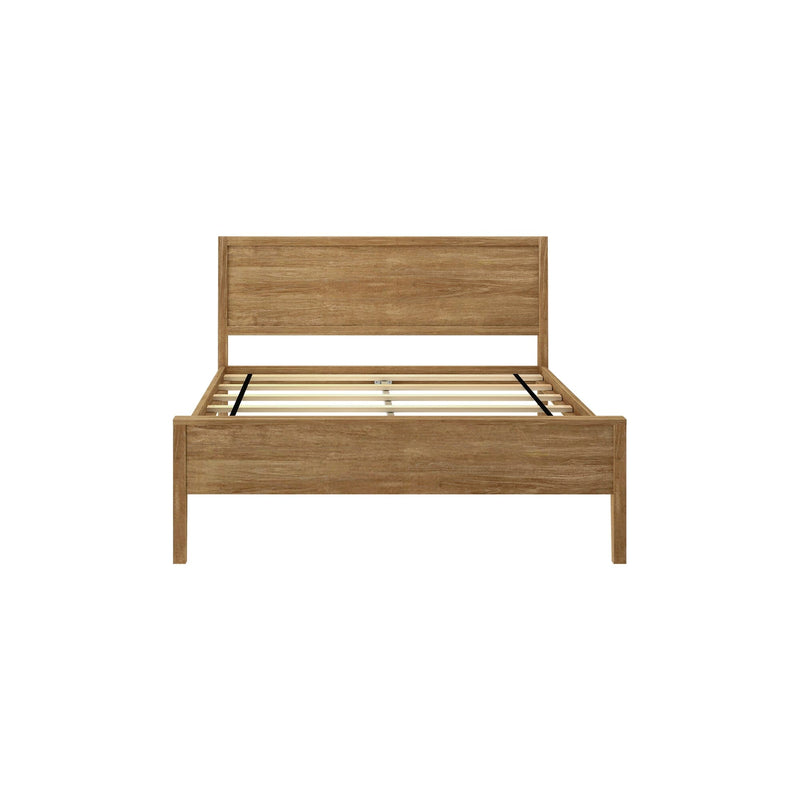 Natural oak wooden platform bed frame with slatted base, rectangular headboard and footboard in rustic modern farmhouse style, mattress not included