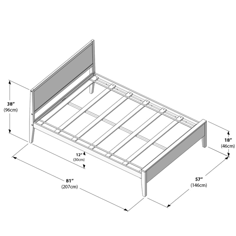 Wooden slatted bed frame assembly diagram with headboard and low footboard, dimensions 81" (207 cm) × 57" (146 cm), headboard height 38" (96 cm) and side clearance 18" (46 cm)