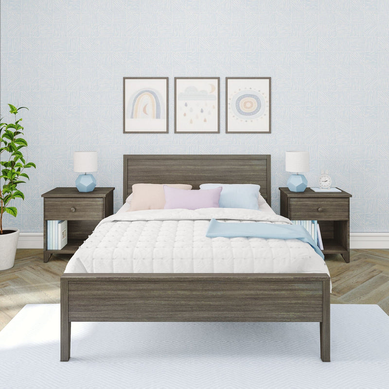 Modern pastel bedroom with gray wood bed frame, matching nightstands, blue geometric wallpaper, framed nursery-style wall art, bedside lamps and potted plant