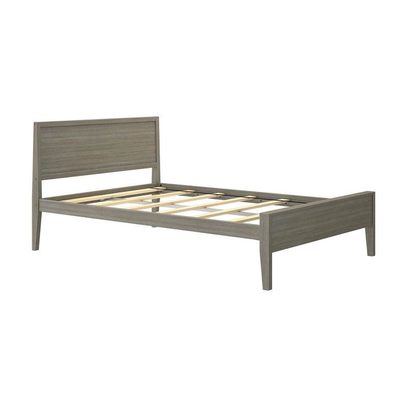 Modern gray wood platform bed frame with headboard, slatted mattress support and tapered legs
