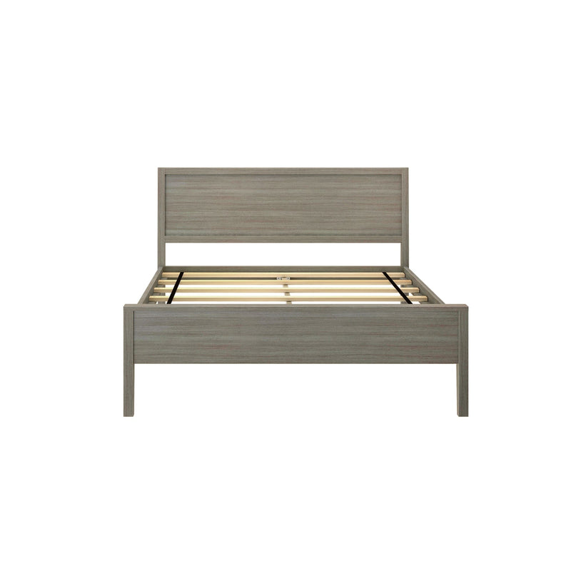 Gray wood platform bed frame with rectangular headboard and wooden slatted mattress support, modern rustic bedroom furniture