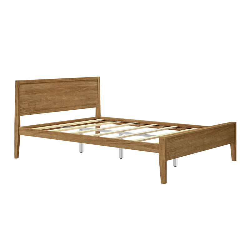 Wooden platform bed frame with slatted support and headboard, natural oak finish, modern rustic style