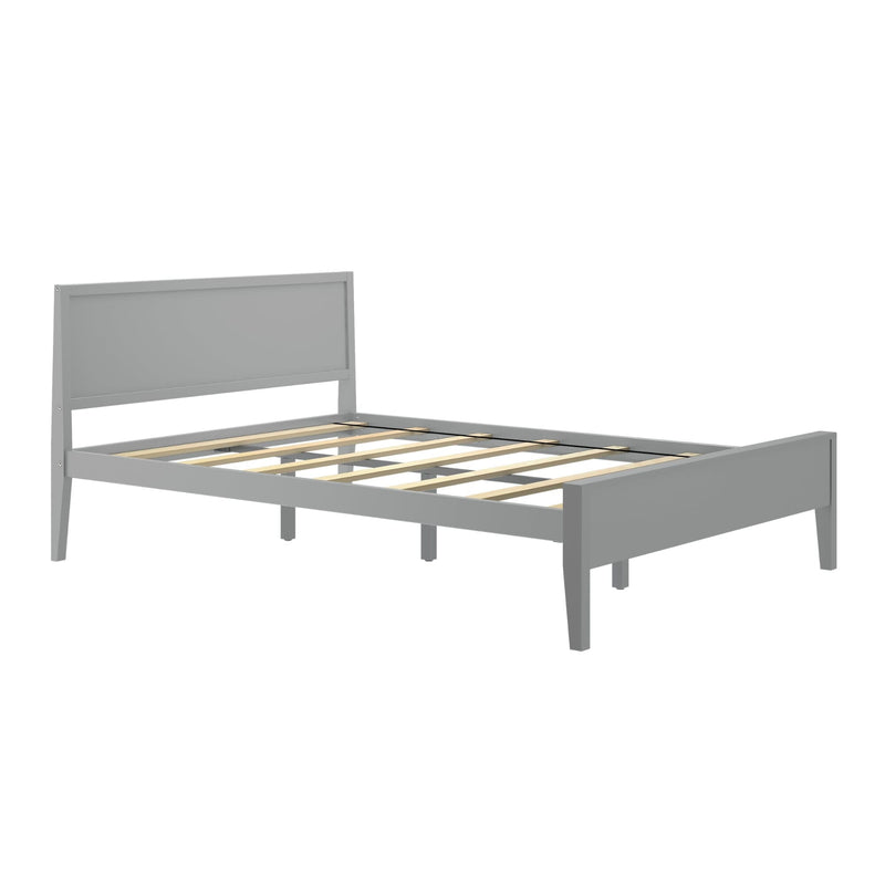 Gray platform bed frame with headboard and wooden slat support, minimalist modern bedroom furniture, shown without mattress