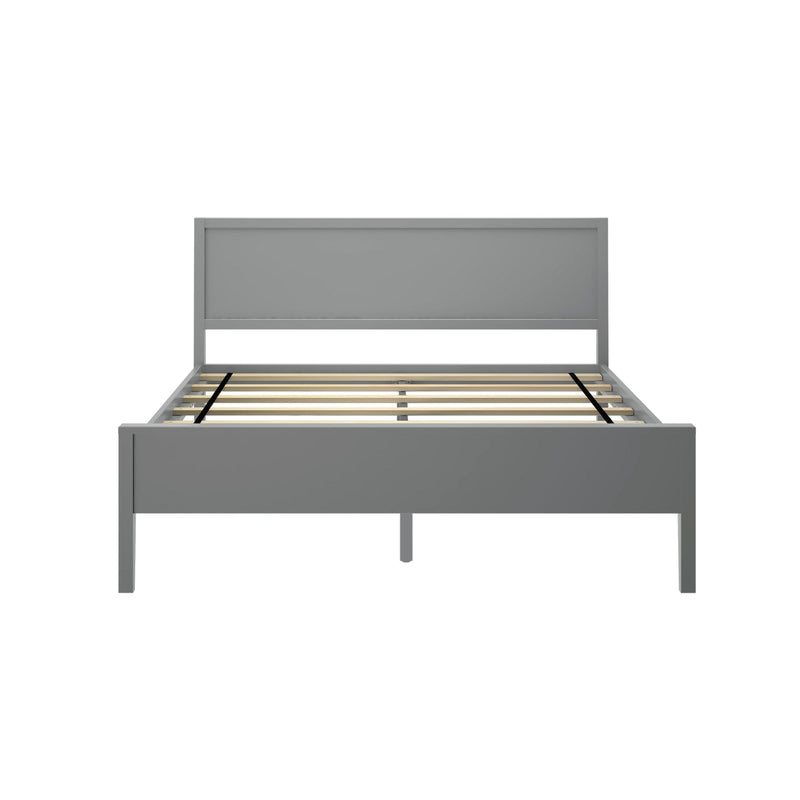 Gray platform bed frame with headboard and wooden slats, modern minimalist bedroom furniture for mattress support, front view on white background
