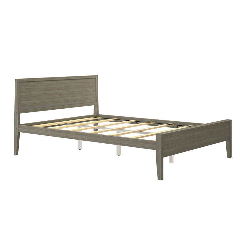 Light gray wood platform bed frame with slatted mattress support and rectangular headboard, modern minimalist design