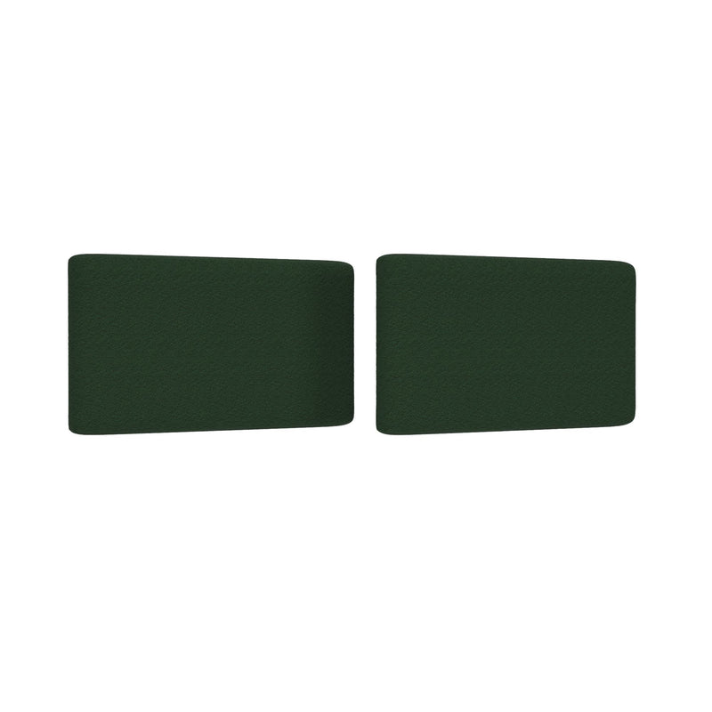 Pair of dark green upholstered fabric seat cushions with rounded corners on a white background