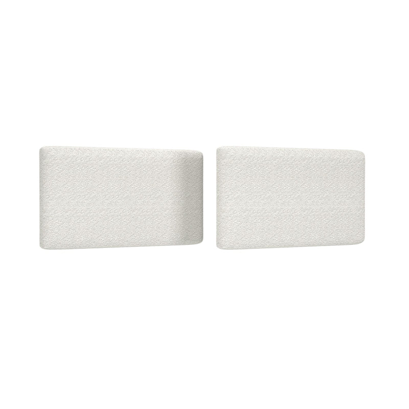 Pair of cream boucle upholstered sofa back cushions with rounded corners on white background