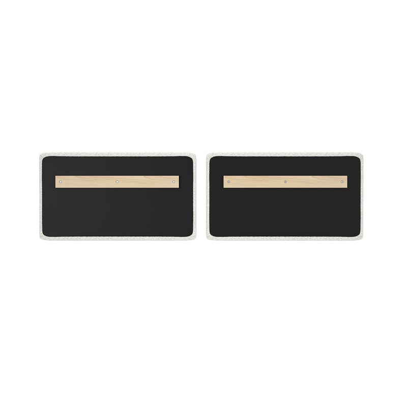 Pair of black wall-mounted chalkboards with rounded corners and light wood rails secured by screws on white background