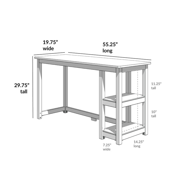 Wooden computer desk with two open storage shelves — 55.25 in long x 19.75 in wide x 29.75 in tall, shelf dimensions shown
