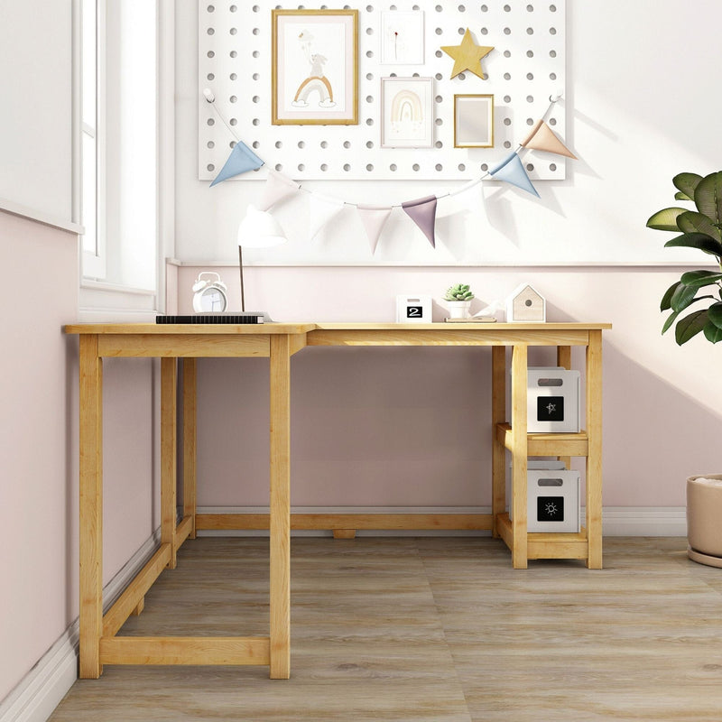 Pastel nursery kids' workspace with wooden desk, pegboard art gallery, string bunting, lamp, plant and minimalist decor