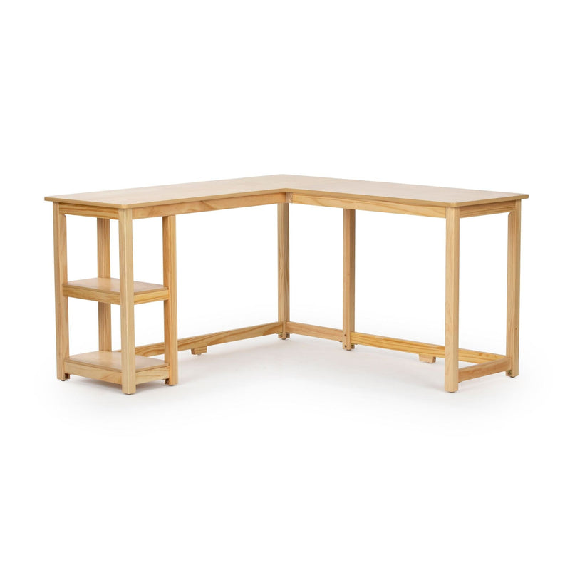 L-shaped natural pine corner desk with open-frame legs and two built-in shelves, minimalist home office computer desk