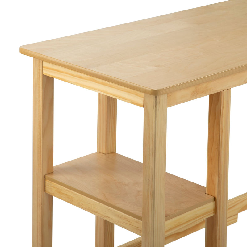 Natural pine wood side table with smooth top, lower shelf and square legs — minimalist console table for living room or entryway