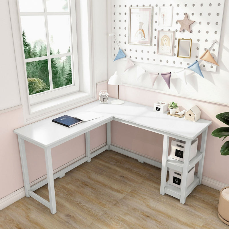 Bright modern children's L-shaped white study desk by window in a pastel pink nursery with pegboard art, bunting, succulent and alarm clock
