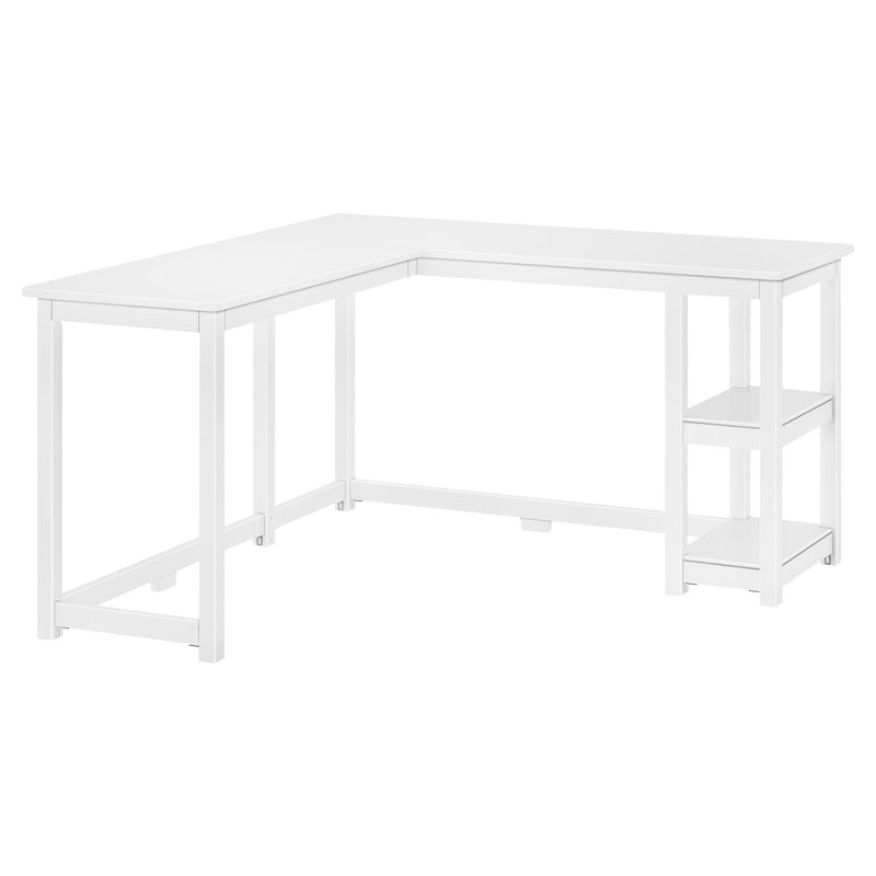 White L-shaped corner desk with rectangular tabletop and built-in storage shelves, modern minimalist home office desk