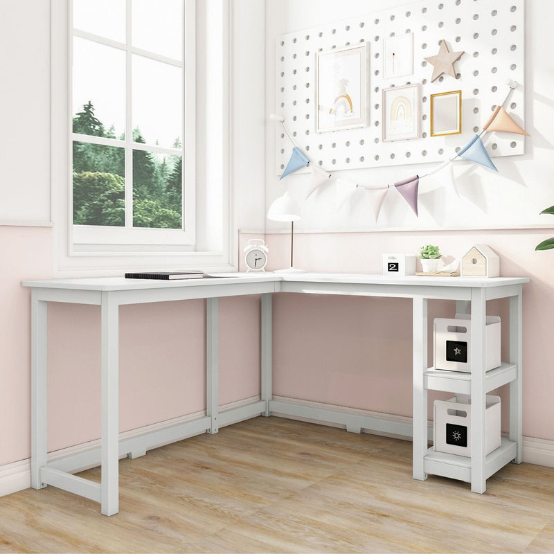 Bright children's study nook with white L-shaped desk, pegboard wall organizer, pastel bunting, wooden toy and natural window light