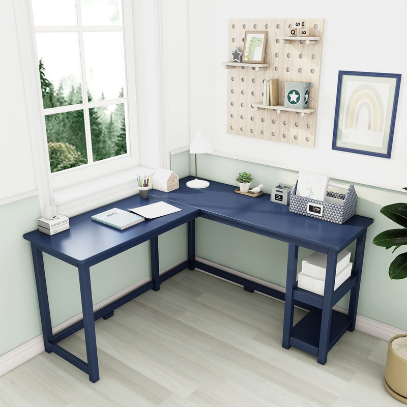 Kids study nook with navy L-shaped corner desk, wooden pegboard shelves, desk lamp, storage boxes, succulent and window with forest view