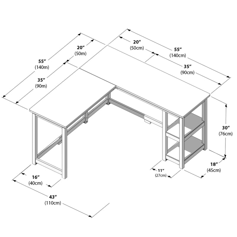 L-shaped corner desk dimension diagram showing 55″ (140cm) arms, 35″ (90cm) depth, 30″ (76cm) height, 20″ (50cm) return and built-in open shelving on a metal frame with wood top