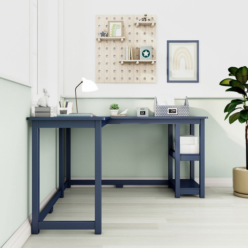 Minimal kids' study desk with navy blue table, wooden pegboard shelves holding toys and books, pastel rainbow wall art and lamp