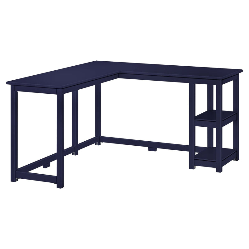 Navy blue L-shaped corner desk with open-frame legs and integrated shelves, modern home office workstation