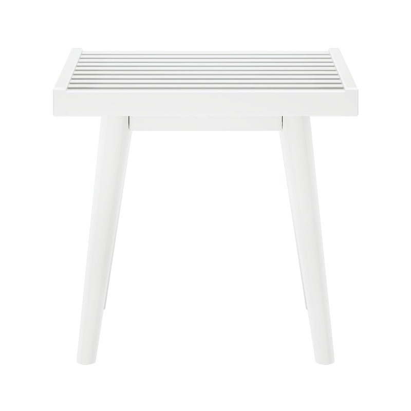 White slatted wooden stool with rectangular top and rounded legs, minimalist modern bathroom stool