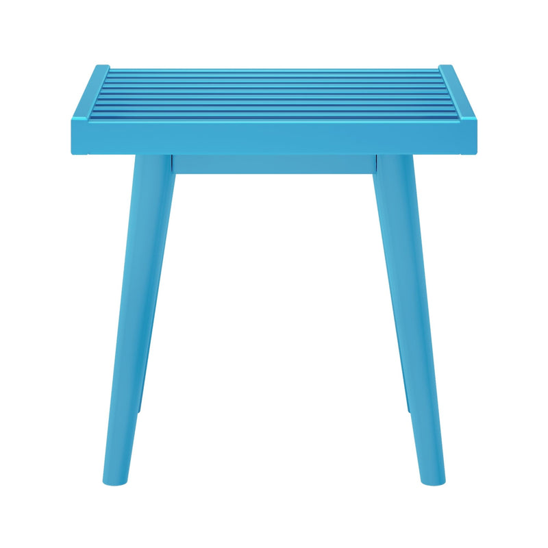 Close-up of a modern bright blue slatted stool top with tapered legs, minimalist plastic side stool for indoor or outdoor use