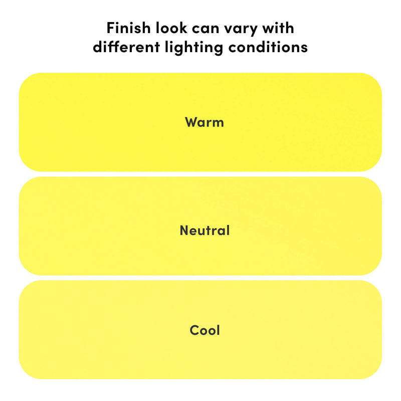 Graphic showing how finish look can vary with different lighting conditions: three yellow rounded swatches labeled "Warm", "Neutral", and "Cool" illustrating color temperature effects.