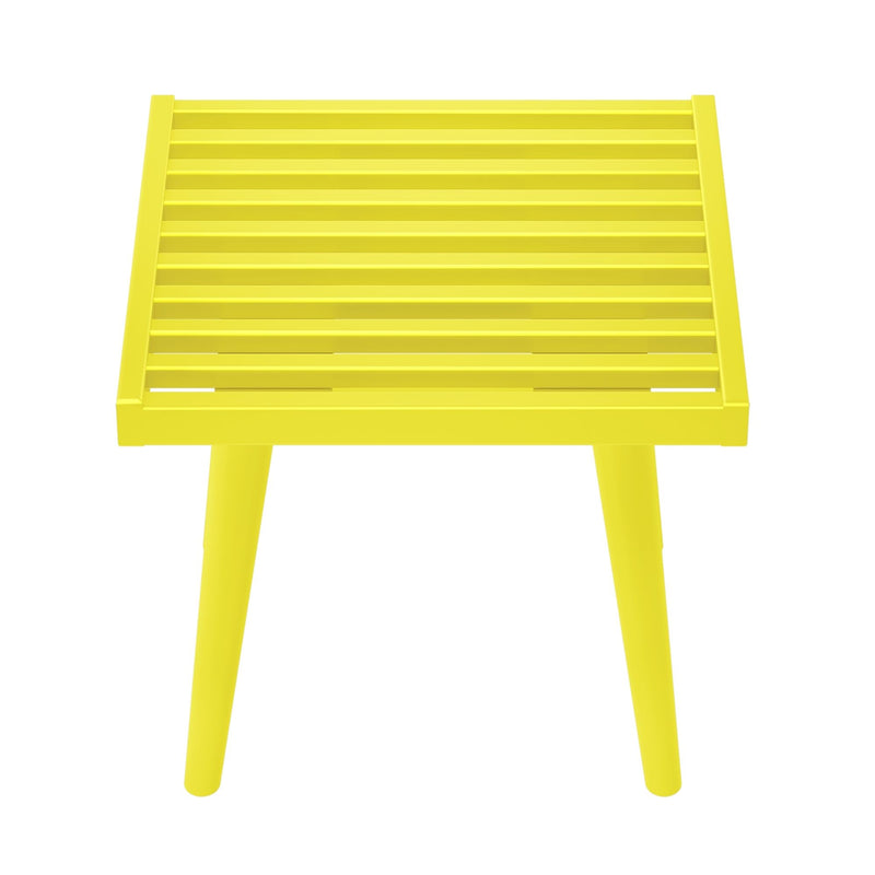 Bright yellow slatted side table with tapered legs on white background
