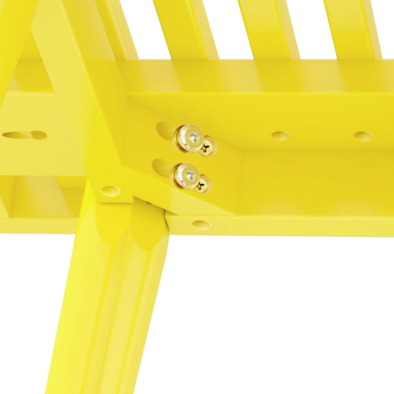 Close-up of bright yellow painted wooden furniture frame with visible gold screws and slatted seat detail on white background