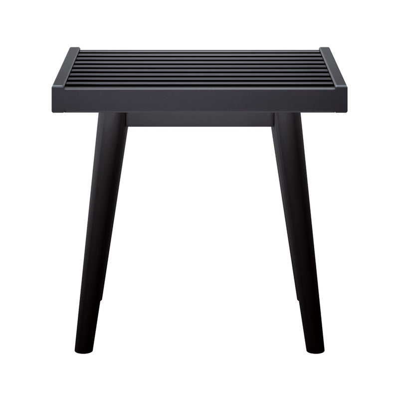 Modern black slatted-top stool with angled legs, minimalist industrial bar stool on white background