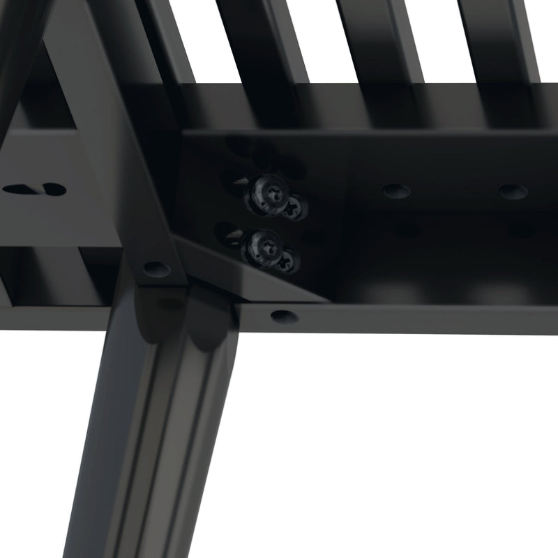 Close-up of black metal slatted furniture frame with visible screws and curved armrest, powder-coated steel finish