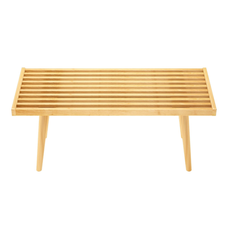 Light wood slatted tabletop with tapered legs, minimalist modern wooden bench/table for indoor decor