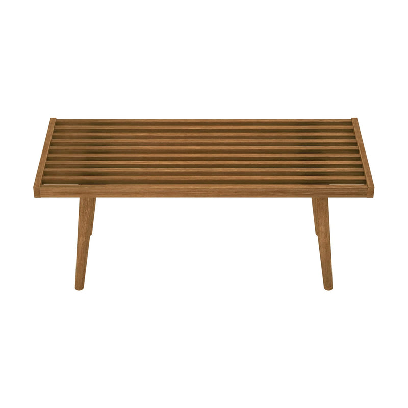 Mid-century modern wooden slatted coffee table with tapered legs in oak finish on white background