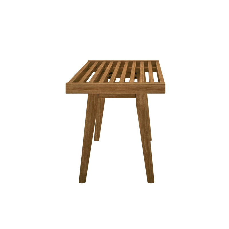 Wooden slatted table with angled legs, minimalist furniture design.