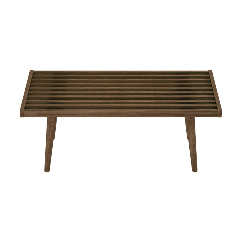 Mid-century modern wooden slatted coffee table with tapered legs, walnut finish, isolated on white background