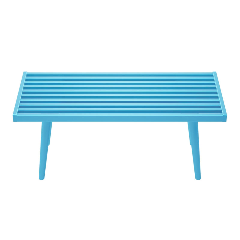 Modern blue slatted side table with tapered legs isolated on white background