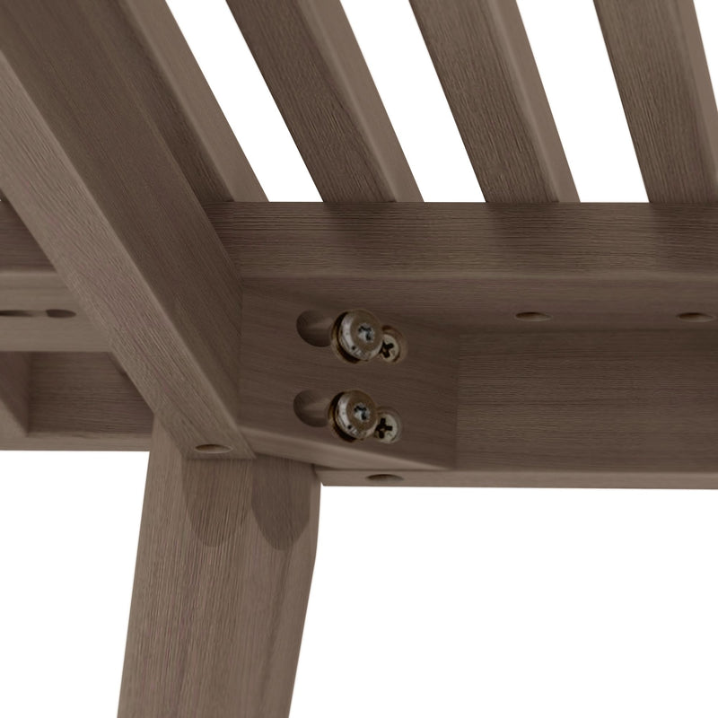 Close-up of wooden bench underside showing slatted top, recessed screw holes and brown wood grain joinery.