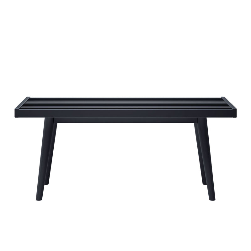Modern black metal slatted patio side table with angled legs isolated on white background