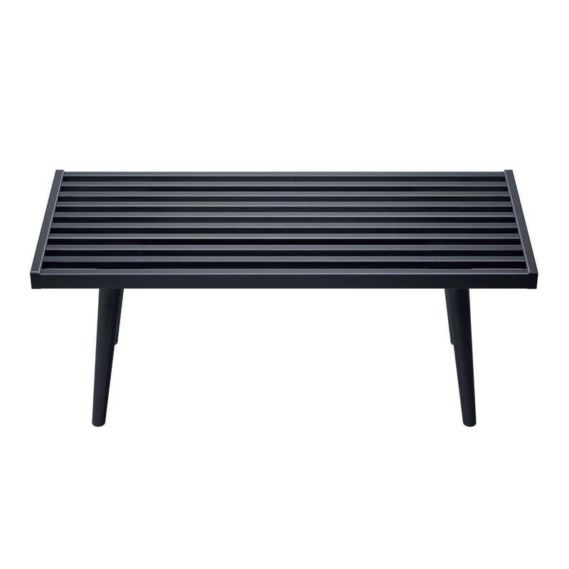 Modern black metal slatted side table with tapered legs, minimalist outdoor patio furniture on white background