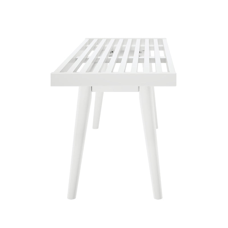 White wooden slatted bench with tapered legs, minimalist modern outdoor patio seating on clean white background