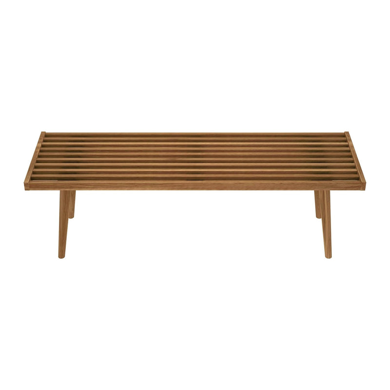 Mid-century modern wooden slatted bench with minimalist design and tapered legs.