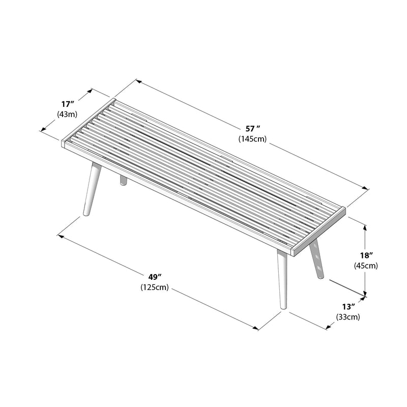 Mid-century modern wooden slatted bench with tapered legs and assembly diagram showing dimensions 57 in (145 cm) length, 17 in (43 cm) width, and 18 in (45 cm) height