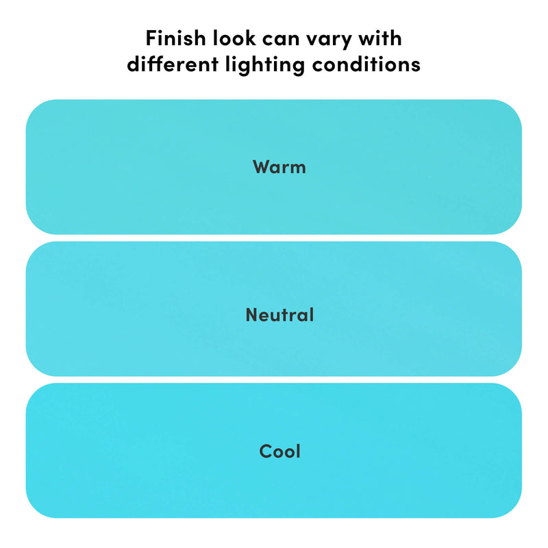Infographic showing how a finish look varies with lighting conditions, featuring three turquoise rounded swatches labeled Warm, Neutral, and Cool to illustrate color temperature effects.