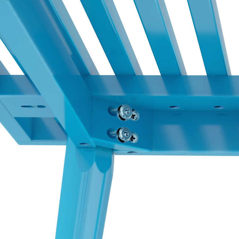 Close-up of blue painted wooden chair frame underside with slatted back, visible metal screws and glossy finish on white background