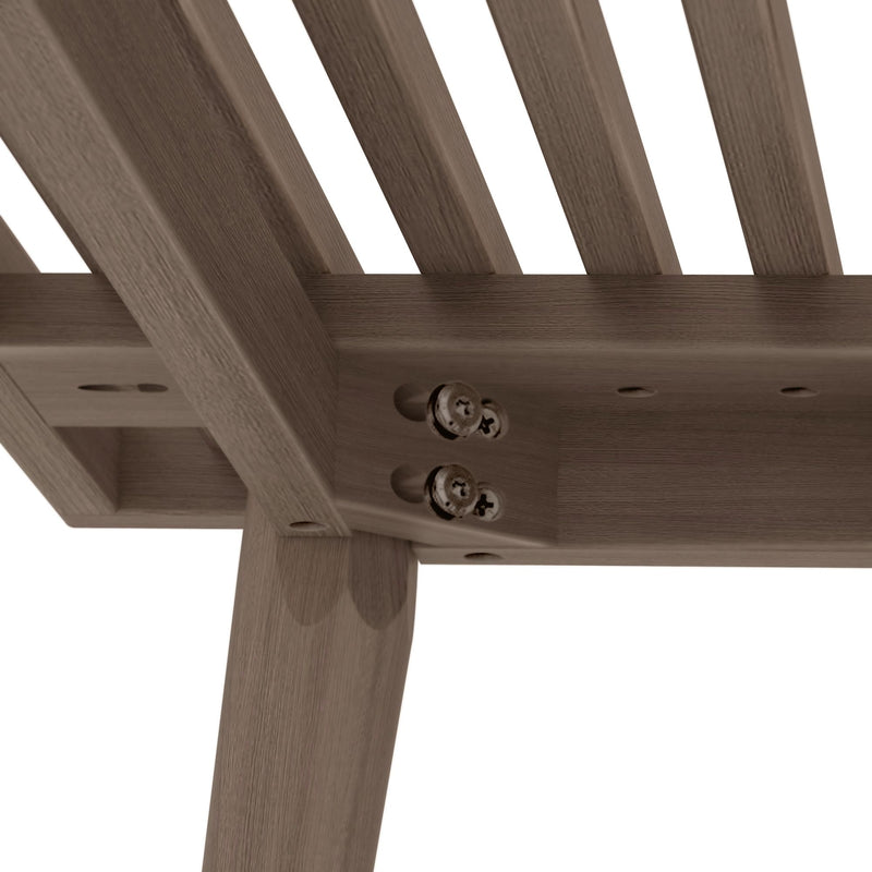 Close-up of brown wooden bench slats and underside frame showing wood grain and metal screws for outdoor furniture assembly.