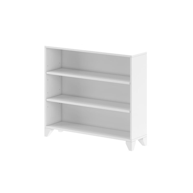 White wooden bookshelf bookcase with three adjustable shelves and tapered mid-century legs, modern storage solution for books and home decor